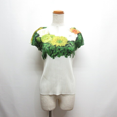 【中古】プリーツプリーズ PLEATS PLEASE ISSEY MIYAKE 美品 半袖 プリーツ カットソー フラワープリント 花柄 3 オフホワイト 白 PP11-JK801 日本製 イッセイミヤケ レディース 【ベクトル 古着】 251030