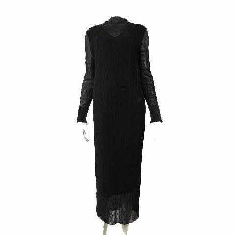 【中古】ヒューゴボス HUGO BOSS 23AW ワンピース ロングワンピース ドレスワンピース シフォン袖 プリーツ加工 L 黒 ブラック 国内正規品 レディース 【ベクトル 古着】 260322