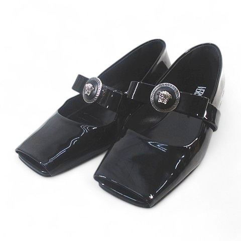 【中古】ジャンニヴェルサーチ ヴェルサーチェ GIANNI VERSACE ジャンニ リボン バレリーナフラットシューズ オープントウ メドゥーサ 36 ブラック 黒系 パテントレザー イタリア製 レディース 【ベクトル 古着】 251010