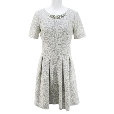 【中古】ブルーガール ブルマリン BLUGIRL BLUMARINE 半袖 膝丈 フレアワンピース ワンピース 40 白系 ホワイト レース 刺繍 ビジュー モヘヤ 毛 ウール 裏地 レディース 【ベクトル 古着】 260106