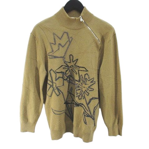 【中古】エルメス HERMES 花柄 御花 長袖 編み物 スウェーター ハイネック ハーフジップ カシミール S ベージュ系 イタリア製 メンズ 【ベクター 古着】 260108