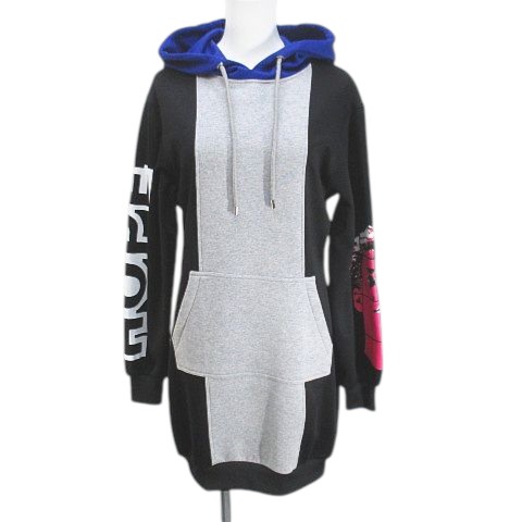 【中古】モスキーノ MOSCHINO 長袖 膝上 ミニ パーカーワンピース 40 黒系 ブラック イタリア製 プリント カンガルーポケット 裏起毛 レディース 【ベクトル 古着】 260205