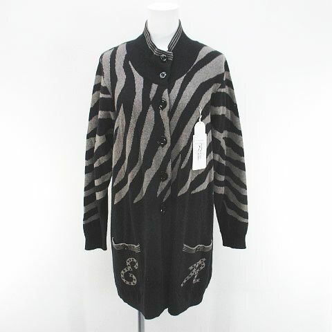 【中古】未使用品 Reknit ゼブラ柄 長袖 カーディガン ニット ミディアム丈 カシミヤ混 L 黒系 ブラック 毛 ウール 裏地 タグ付 レディース 【ベクトル 古着】 260205