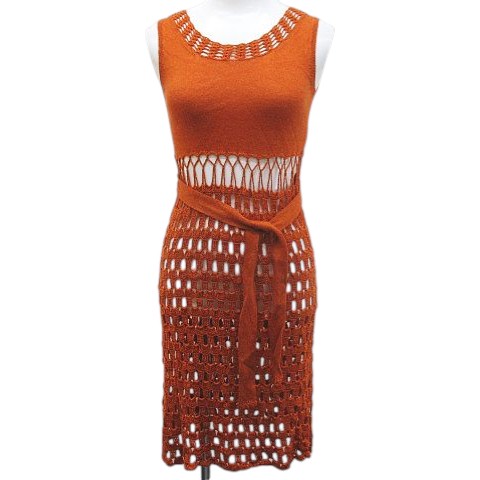 【中古】ヴィヴィアンタム VIVIENNE TAM ノースリーブ かぎ編み ニット ワンピース ミニ丈 0 オレンジ シースルー レディース 【ベクトル 古着】 260221