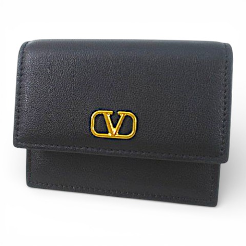 【中古】ヴァレンティノ ガラヴァーニ VALENTINO GARAVANI SW9P0T59DSH Vスリング レザー 二つ折りウォレット カードケース ブラック 黒系 レザー イタリア製 メンズ レディース 【ベクトル 古着】 260224