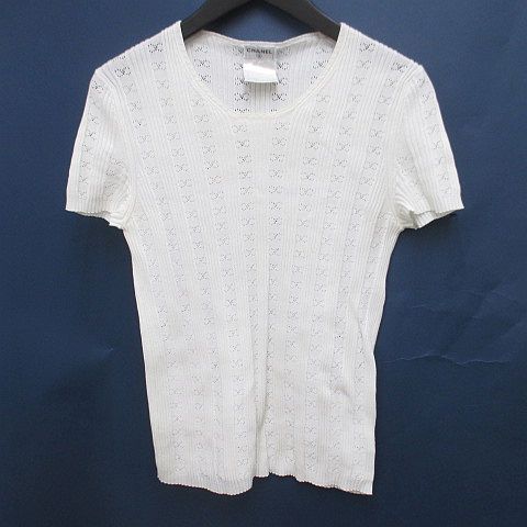 【中古】シャネル CHANEL 05P P25430V01807 AM083 半袖 編み物 プルオーバー カットソー CC見澄ます ココマーク 38 白系 白いこと イタリア製 カクテルドレスルー 透け感 レディース 【ベクター 古着】 260312