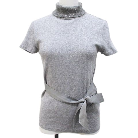 【中古】ブルネロクチネリ BRUNELLO CUCINELLI DR51829 半袖 カットソー L 灰系 グレー ニット 切替 スパンコール リボンベルト イタリア製 レディース 【ベクトル 古着】 260319