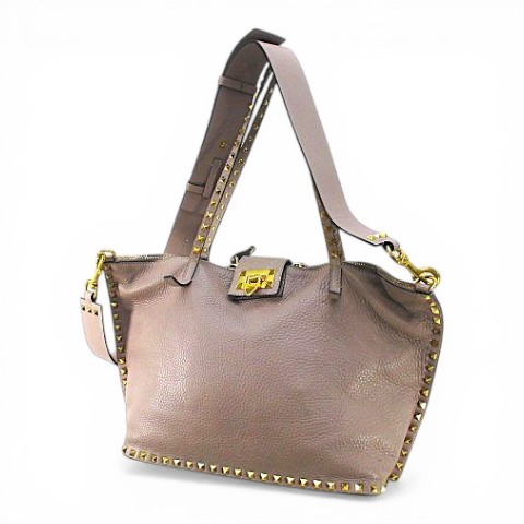 【中古】ヴァレンティノ ガラヴァーニ VALENTINO GARAVANI トートバッグ ロックスタッズ グレージュ レザー イタリア製 レディース 【ベクトル 古着】 260403