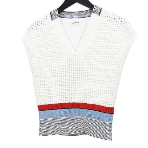 【中古】COOHEM コーヘン YONETOMI ノースリーブ ニット ベスト S 白系 ホワイト ライン柄 Vネック レディース 【ベクトル 古着】 260412