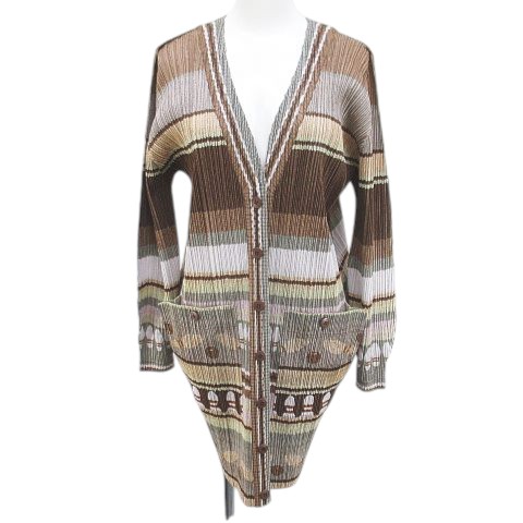 【中古】プリーツプリーズ PLEATS PLEASE イッセイミヤケ ISSEY MIYAKE PP73-J0653 ボーリング柄 長袖 ロングカーディガン シャツカーディガン 3 茶系 ブラウン 日本製 ポケット レディース 【ベクトル 古着】 260409