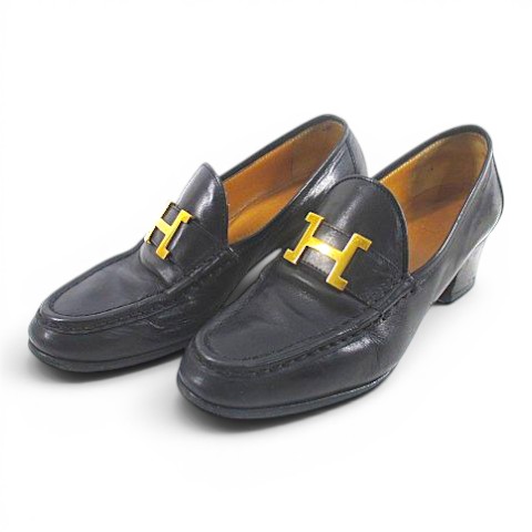 【中古】エルメス HERMES コンスタンス 置き目毛革 ヒールローファー Hバックル 36 黒いこと 黒系 なめし革 イタリア製 レディース 【ベクター 古着】 260528