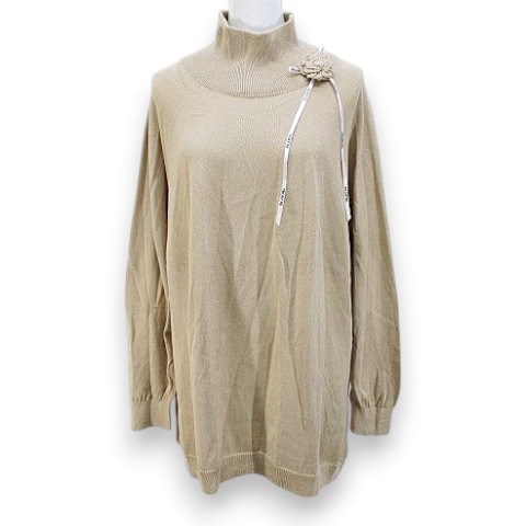 【中古】インゲボルグ INGEBORG 長袖 編み物 ティーシャツ ロング丈 ベージュ ハイネック 胸花 ロゴタイプ シュロの葉 肋材 日本製 レディース 【ベクター 古着】 260604