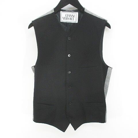 【中古】ジャンニヴェルサーチ ヴェルサーチェ GIANNI VERSACE ヘリンボーン柄 ベスト ジレ カシミヤ 46 黒系 ブラック イタリア製 切替 毛 ウール 裏地 メンズ 【ベクトル 古着】 260720｜ブランド古着の買取販売ベクトル