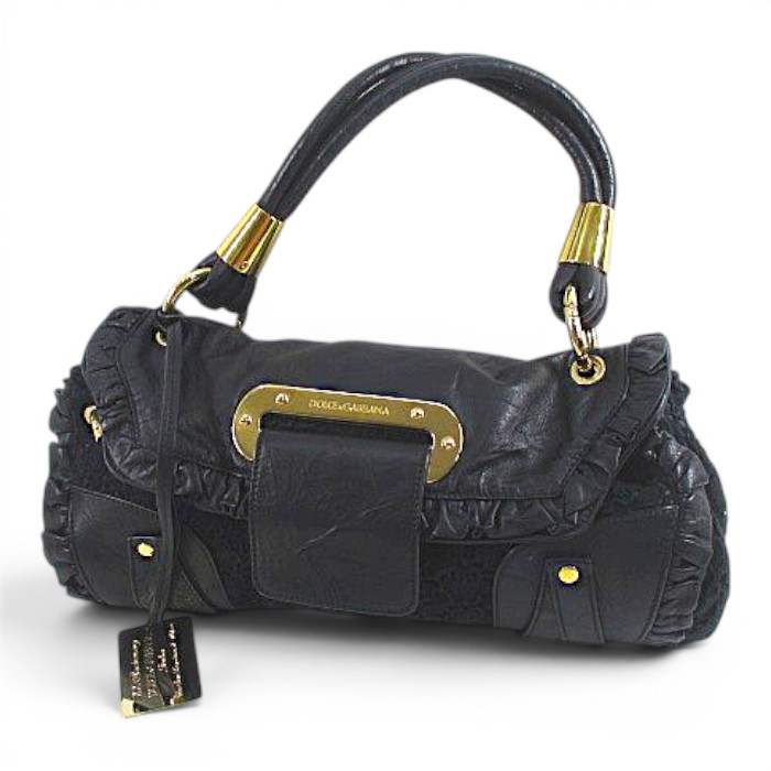 【中古】ドルチェ&ガッバーナ ドルガバ DOLCE&GABBANA セミショルダーバッグ ワンショルダー レース フリル ゴールド金具 ブラック 黒系 レザー レディース 【ベクトル 古着】 260719｜ブランド古着の買取販売ベクトル