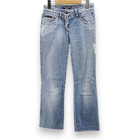 【中古】ドルチェ&ガッバーナ ドルガバ DOLCE&GABBANA ロング丈 デニムパンツ ジーンズ 36 青系 ライトブルー ジップフライ ダメージ 加工 メタル ロゴ プレート レディース 【ベクトル 古着】 260713｜ブランド古着の買取販売ベクトル