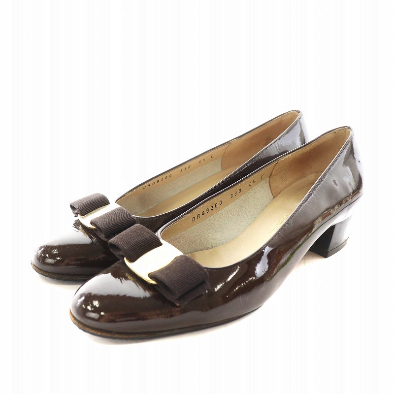 【中古】サルヴァトーレフェラガモ Salvatore Ferragamo ヴァラリボン パンプス チャンキーヒール アーモンドトゥ エナメル 6.5 茶 ブラウン DR49200 /AN16 レディース 【ベクトル 古着】 250702