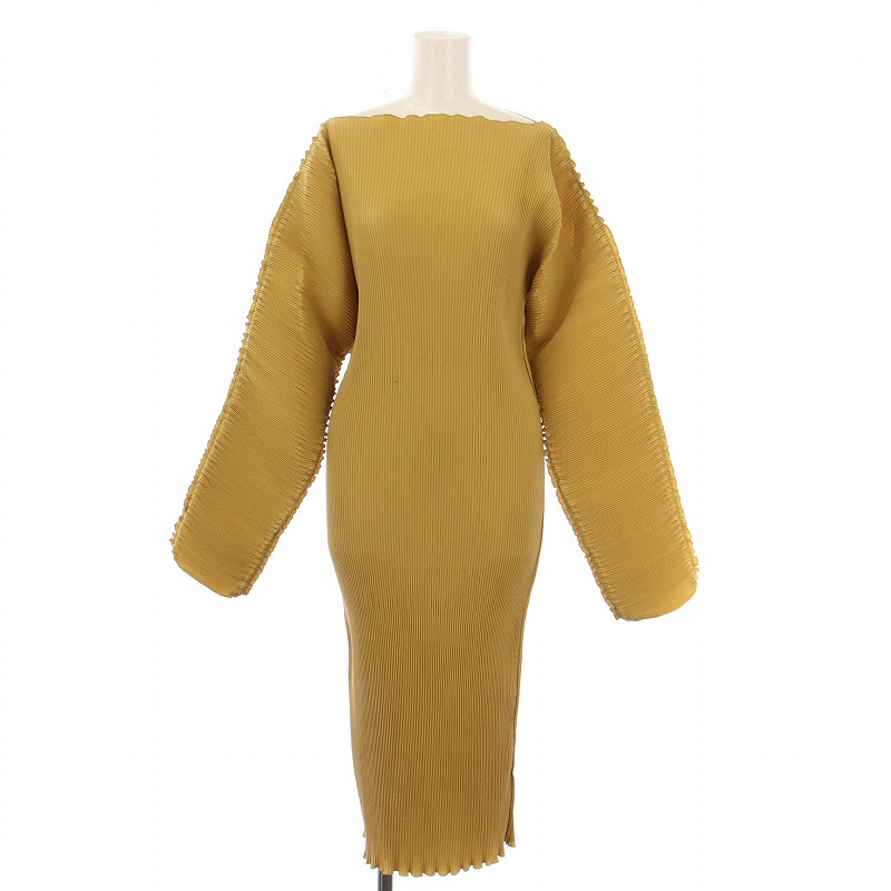 【中古】トーテム TOTEME Yellow Mia Vana Dress イエローミアヴィナドレス タイトワンピース 長袖 ミモレ ロング ボートネック ストレッチ プリーツ XXS マスタード 黄色 202-609-723 /BB レディース 【ベクトル 古着】 250809