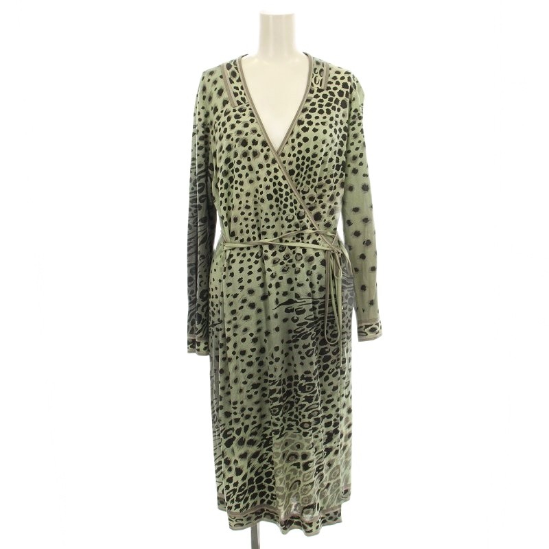 【中古】レオナール LEONARD FASHION ラップワンピース 0320601 レオパード柄 長袖 ひざ丈 LL 緑 グリーン /☆G レディース 【ベクトル 古着】 250827