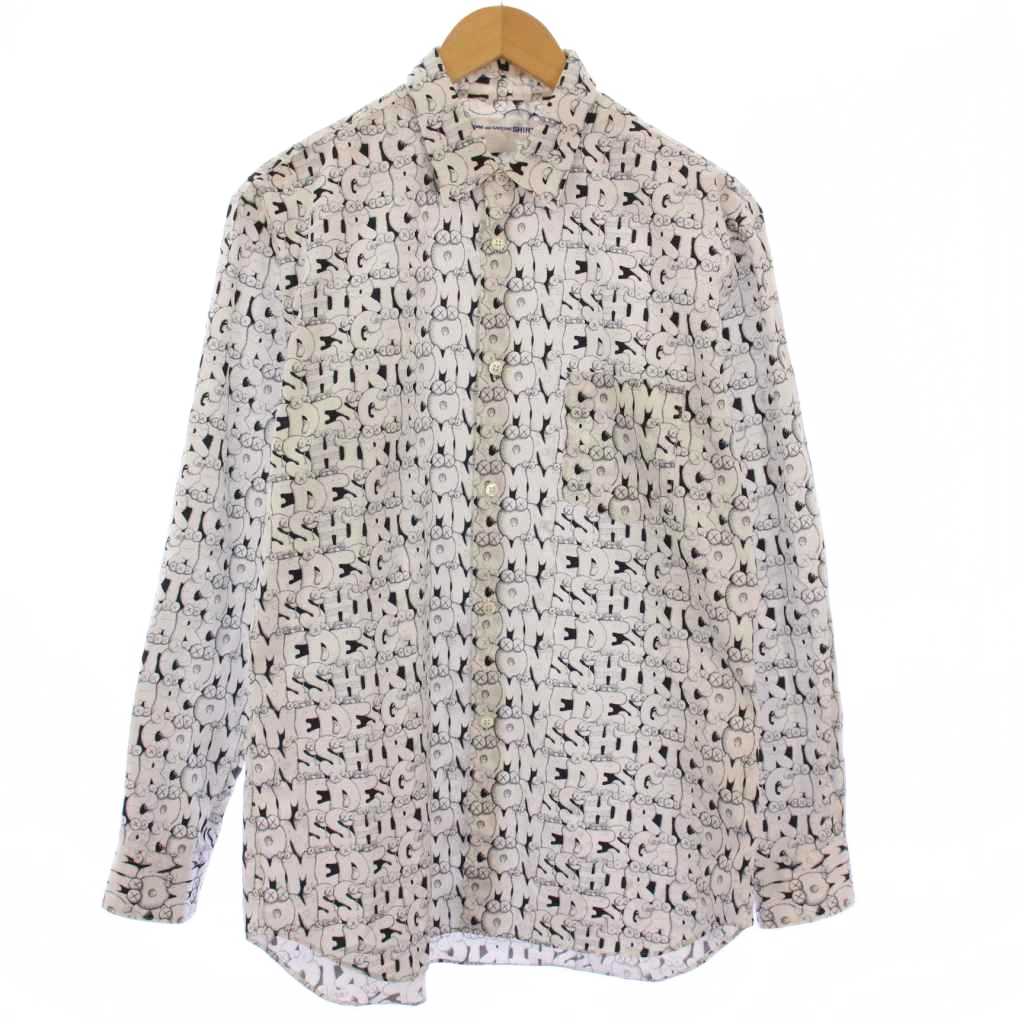 【中古】コムデギャルソンシャツ COMME des GARCONS SHIRT KAWS カジュアルシャツ 長袖 レギュラーカラー 総柄 バイカラー M 白 ホワイト 黒 ブラック /BB メンズ 【ベクトル 古着】 250929