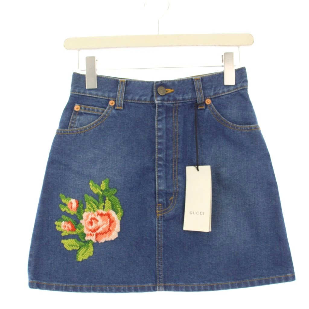 【中古】未使用品 グッチ GUCCI フラワー刺繍 デニムスカート 台形 ミニ 38 青 456973 /KH レディース 【ベクトル 古着】 260112｜ブランド古着の買取販売ベクトル