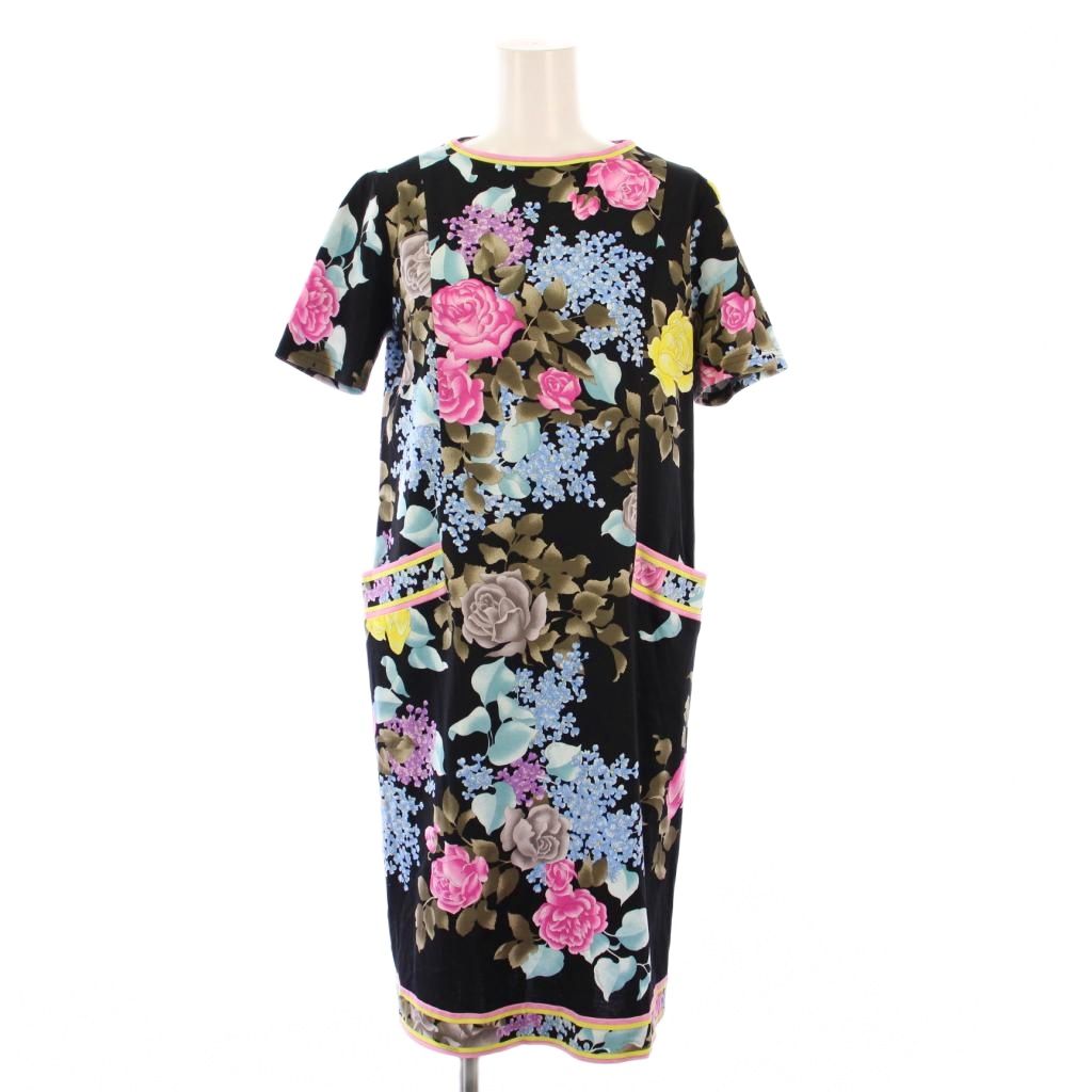 【中古】レオナール LEONARD FASHION ワンピース ひざ丈 半袖 クルーネック ストレッチ 花柄 38 黒 ブラック マルチカラー /BB レディース 【ベクトル 古着】 251011