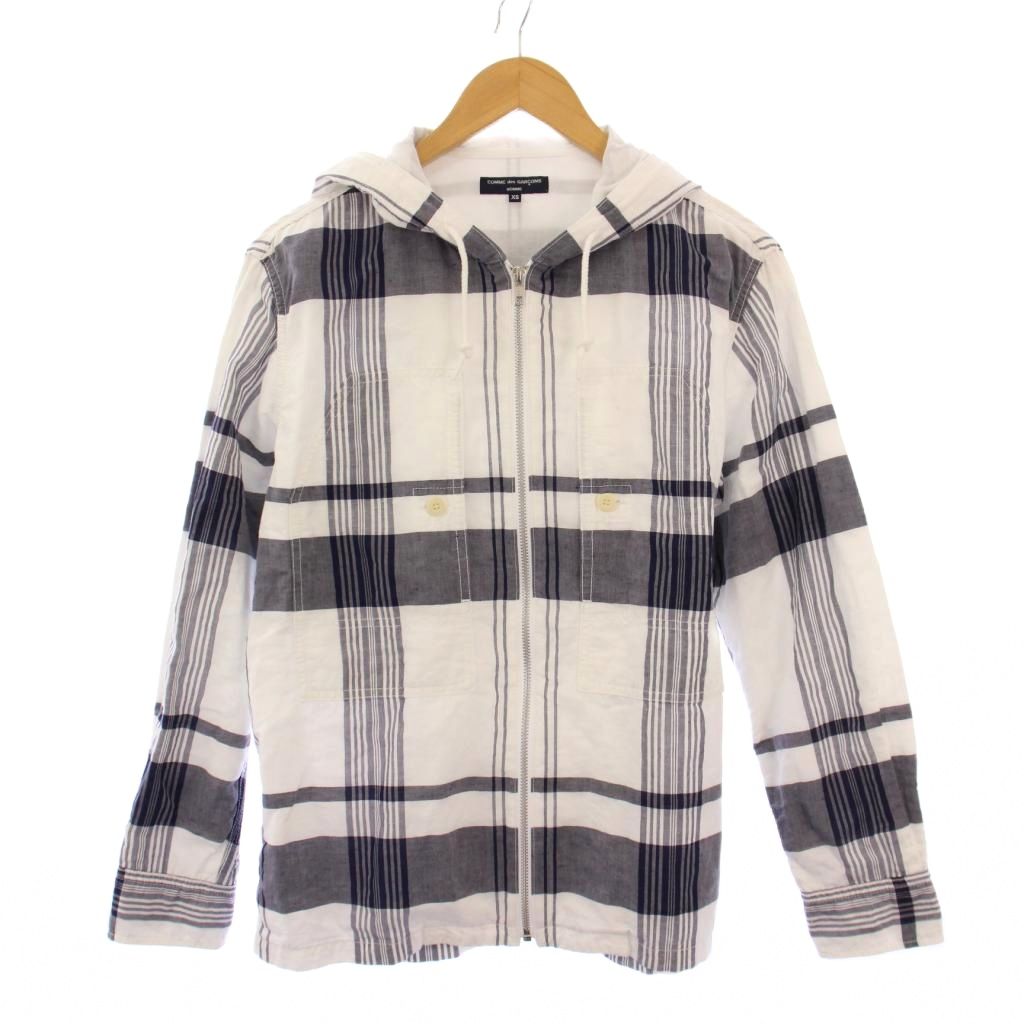 【中古】コムデギャルソンオム COMME des GARCONS HOMME AD2021 ジップフーディーシャツ ジャケット アウター フード チェック柄 麻 リネン XS 白 ホワイト グレー HI-B022 /BB メンズ 【ベクトル 古着】 251012