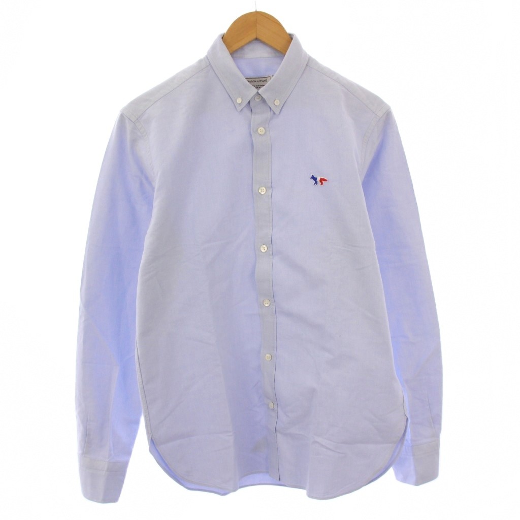 【中古】メゾンキツネ MAISON KITSUNE ボタンダウンシャツ カジュアル 長袖 レギュラーカラー トリコロール ワッペン ワンポイント 40 水色 ライトブルー /BB メンズ 【ベクトル 古着】 251105