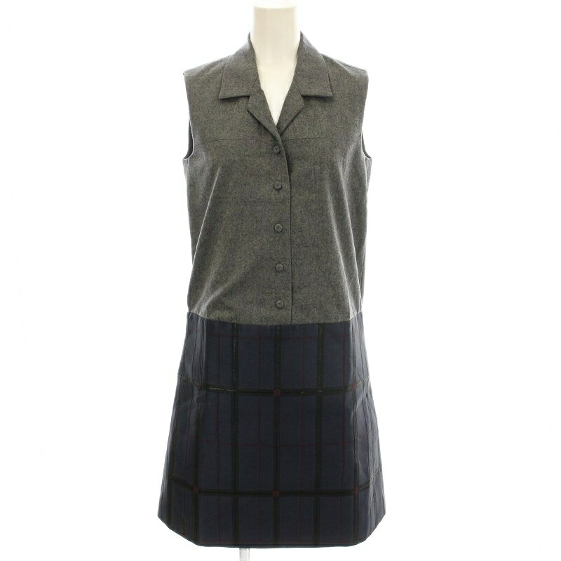 【中古】カルヴェン CARVEN 17AW ノースリーブ ワンピース ウール切替 チェック柄 ひざ丈 34 グレー ネイビー /☆G レディース 【ベクトル 古着】 251120