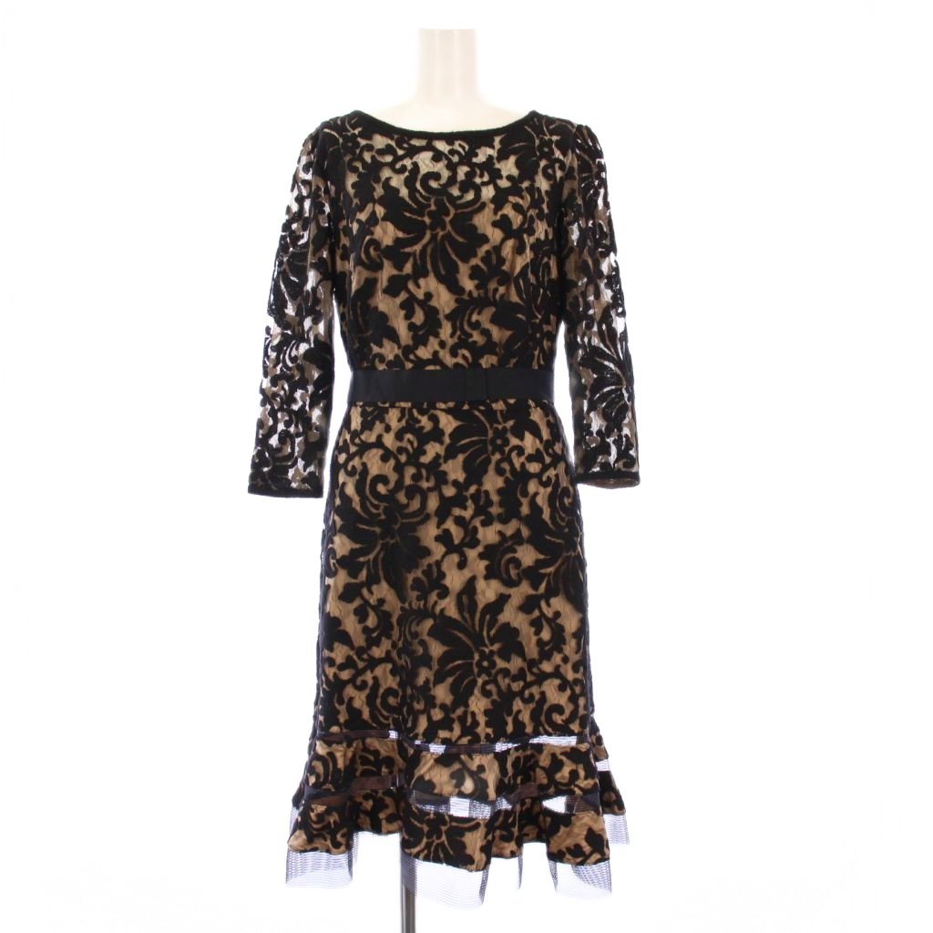 【中古】タダシショージ TADASHI SHOJI レース ジャガードワンピース ひざ丈 七分袖 4 黒 ベージュ 3K1147M /KH レディース 【ベクトル 古着】 251207