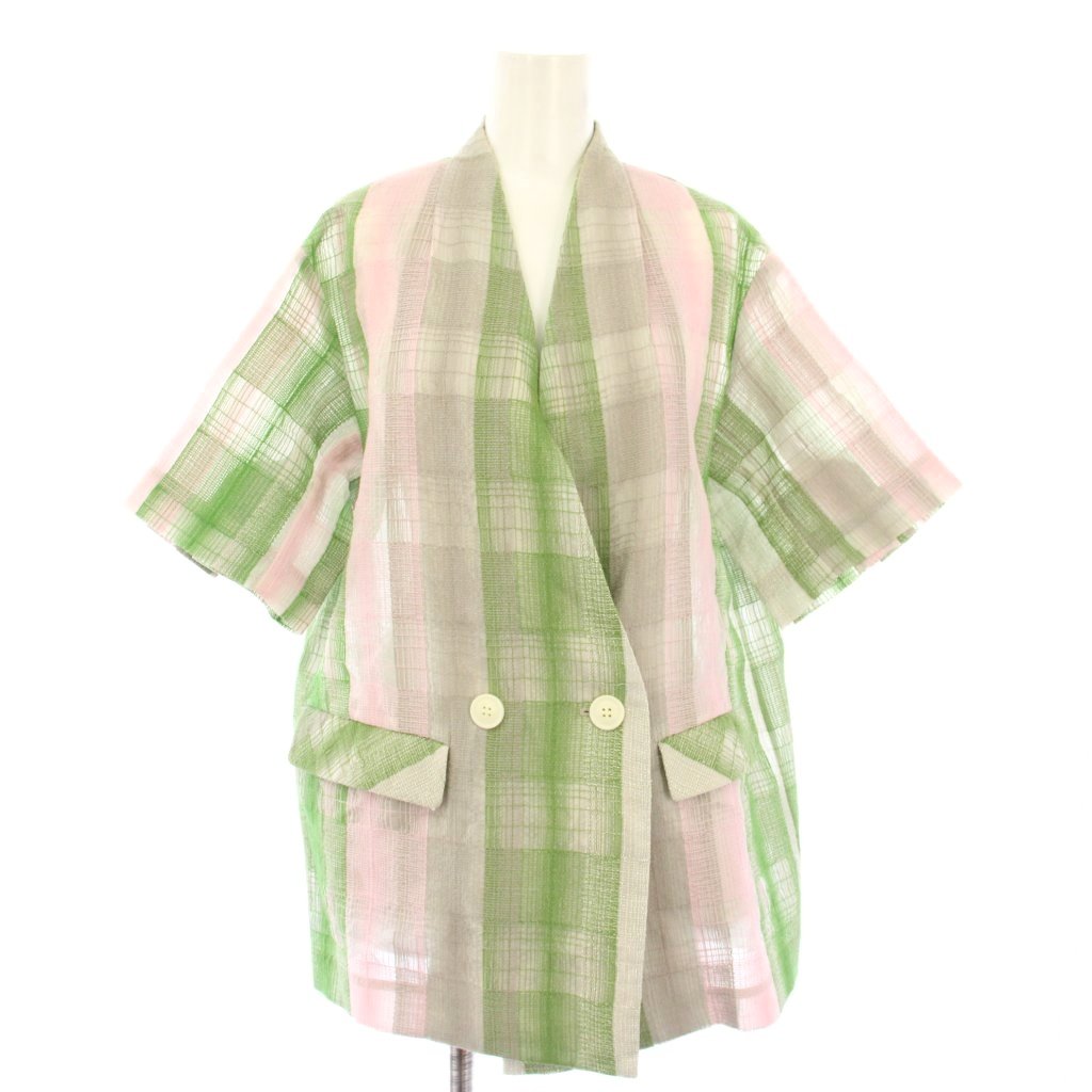 【中古】アメリヴィンテージ Ameri VINTAGE CHECK EMBROIDERY NO COLLAR JACKET チェックエンブロイダリーノーカラージャケット アウター 半袖 シアー シースルー F 緑 グリーン ピンク 0225106210190 /BB レディース 【ベクトル 古着】 260109