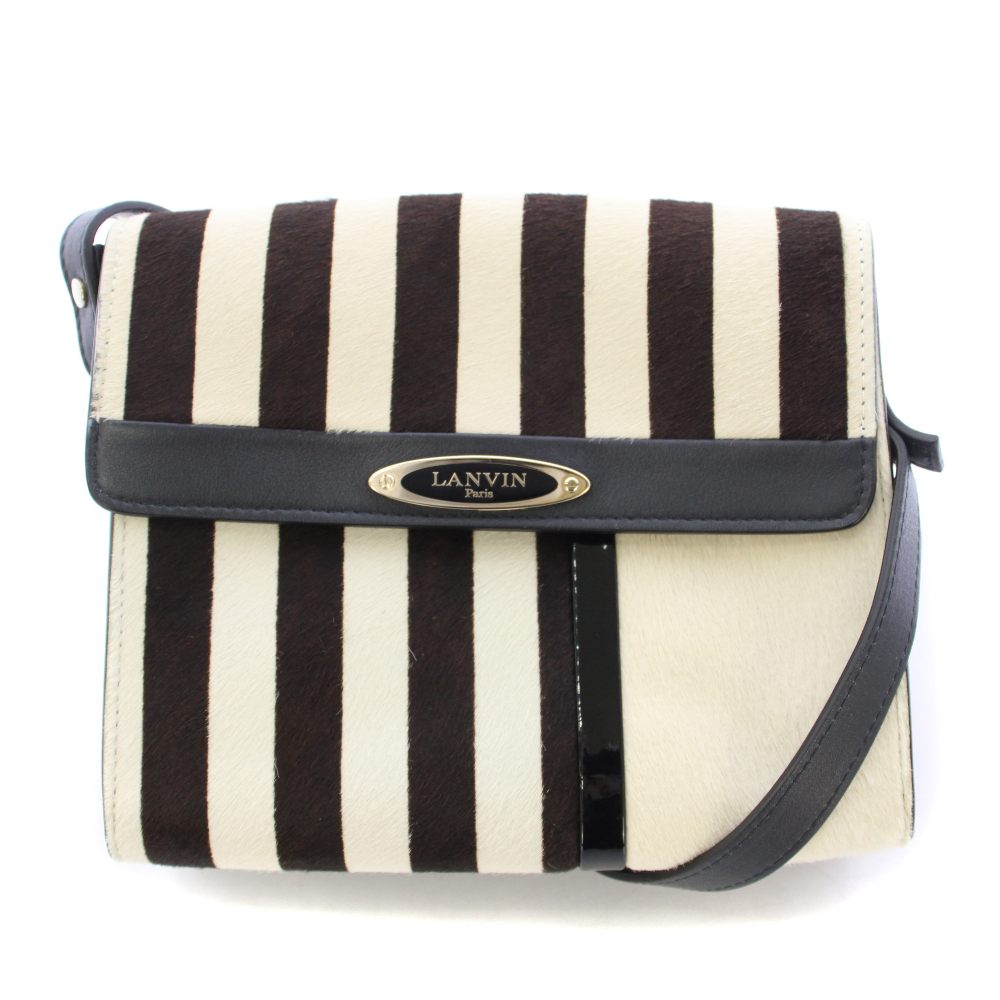 【中古】ランバン LANVIN ショルダーバッグ 真四角 ハラコ 縞模様柄 ロゴタイプ うつり変わり 象牙色 茶 赤銅色 紺 米国海軍 /BB レディース 【ベクター 古着】 260120