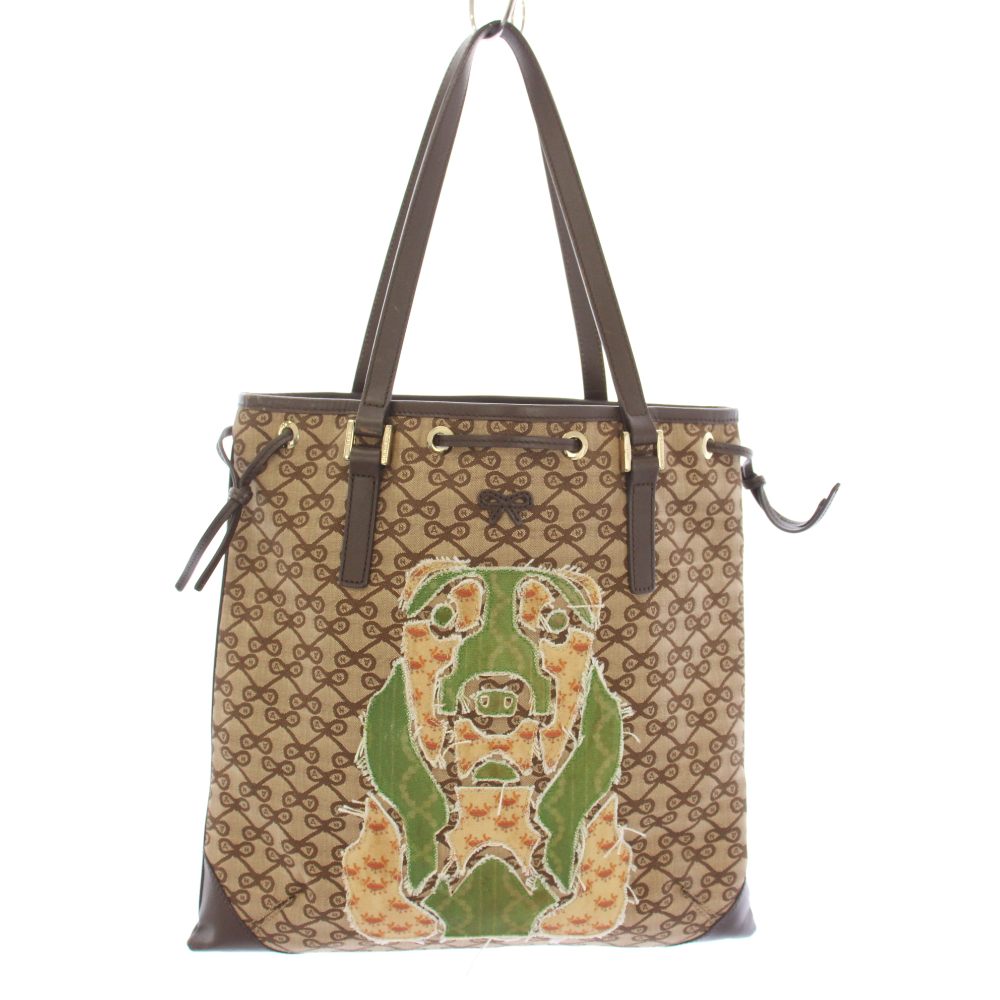 【中古】アニヤハインドマーチ ANYA HINDMARCH トートバッグ ハンドバッグ キャンバス レザー 切替 リボン 刺繍 ベージュ 茶 ブラウン /BB レディース 【ベクトル 古着】 260122