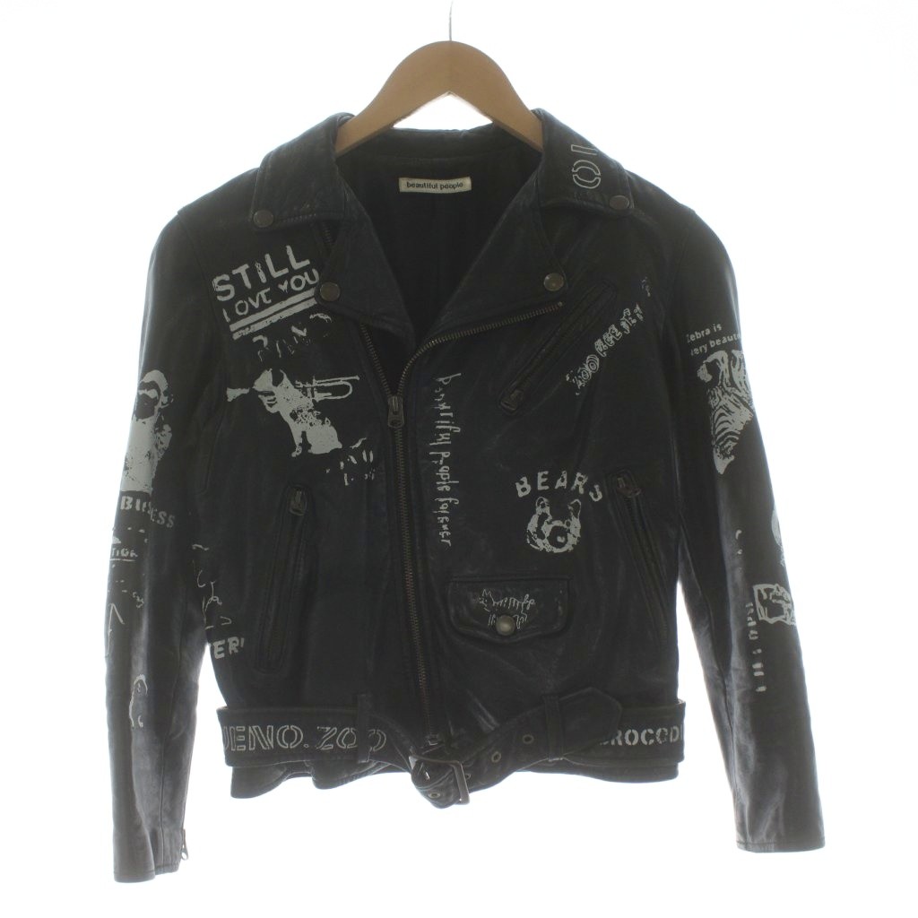 【中古】ビューティフルピープル beautiful people Barbour ダブルライダースジャケット レザージャケット ジップアップ 総柄 プリント 羊革 男の子 140cm 黒 ブラック 1120102005 /KU キッズ 【ベクトル 古着】 260123｜ブランド古着の買取販売ベクトル