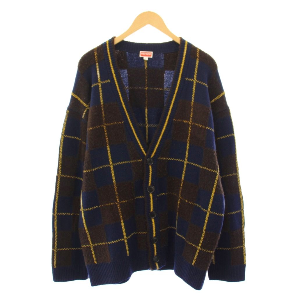 【中古】ケンゾー KENZO ニットカーディガン 長袖 Vネック ウール チェック柄 L 茶 ブラウン 紺 ネイビー 黄色 イエロー /BB メンズ 【ベクトル 古着】 260208