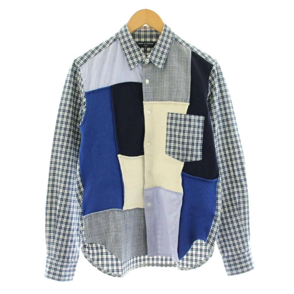 【中古】コムデギャルソンオム COMME des GARCONS HOMME AD2010 心地よいプルオーバー 長袖 読み合わせる柄 うつり変わり パッチワーク S 紺 米国海軍 HF-B504 /KU メンズ 【ベクター 古着】 260206