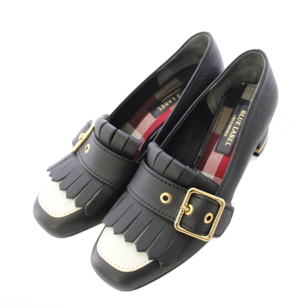 【中古】ブルーレーベルクレストブリッジ BLUE LABEL CRESTBRIDGE 置き目毛皮 パンプス スクエアトゥ チャンキーヒール なめし革 フリンジ 23糎 黒 黒いこと 白 白いこと /BB レディース 【ベクター 古着】 260210