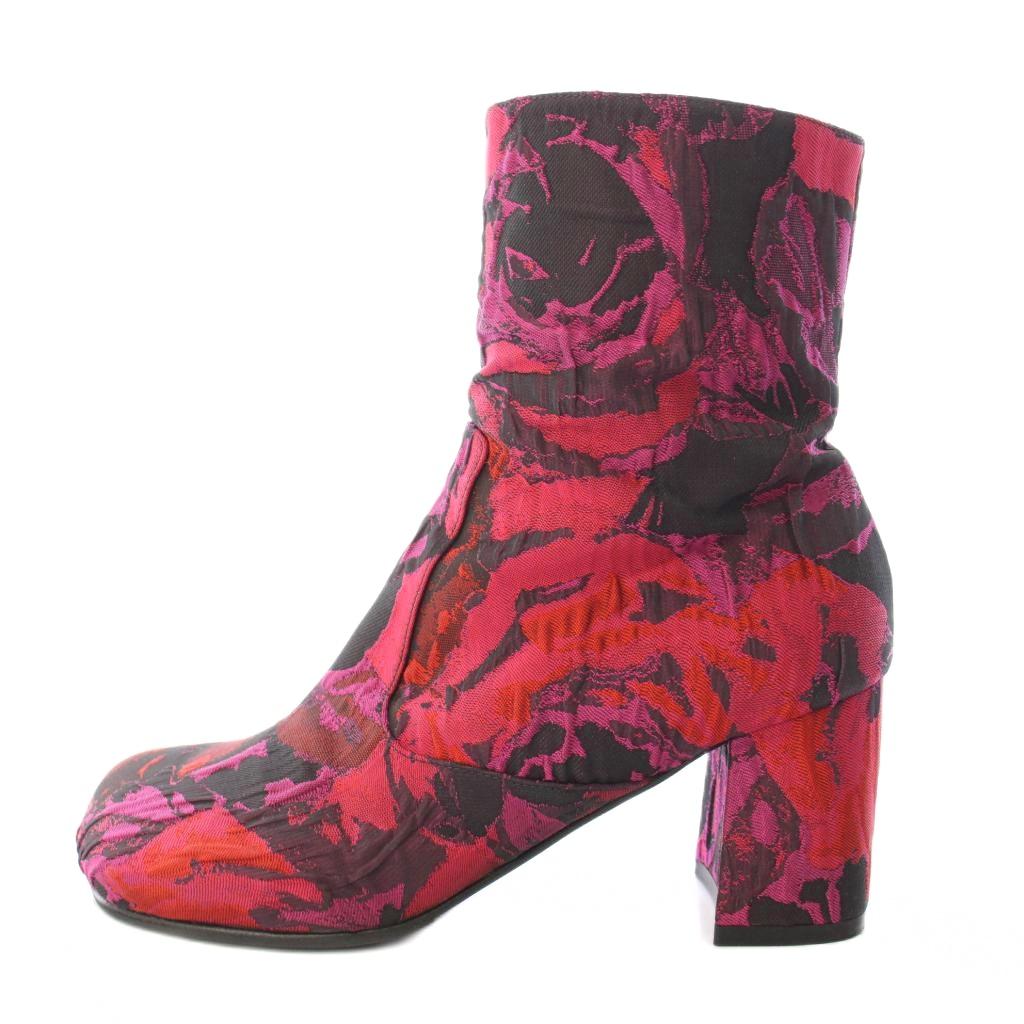 【中古】ドリスヴァンノッテン DRIES VAN NOTEN ショートブーツ スクエアトゥ チャンキーヒール ジャガード 総柄 37.5 ピンク 赤 レッド 黒 ブラック /BB レディース 【ベクトル 古着】 260210｜ブランド古着の買取販売ベクトル