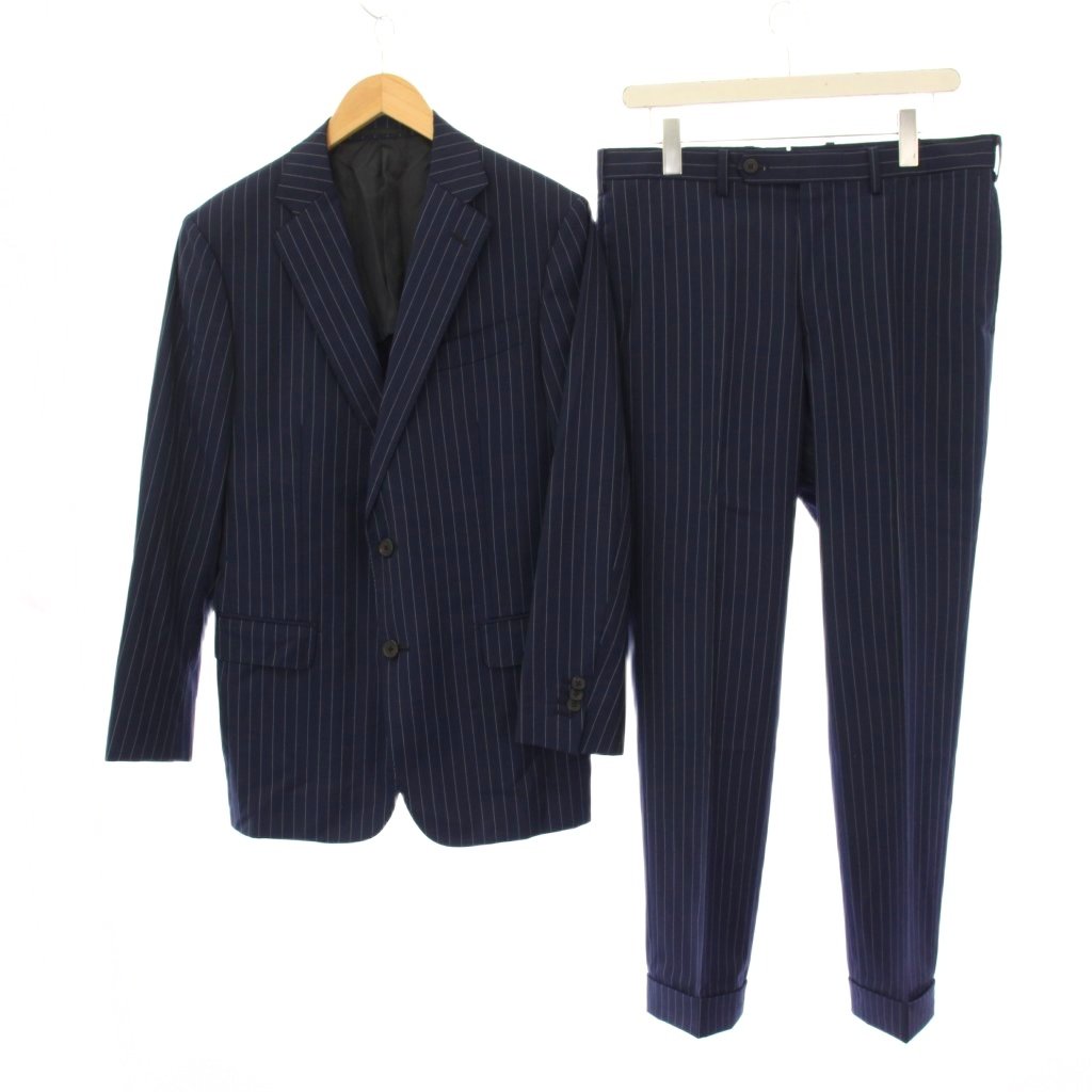 【中古】バーニーズニューヨーク BARNEYS NEW YORK ロロピアーナ シングル背広 テーラードジャケット ズボン下 スラックス 縞模様 48 紺 US31210828 /KH  【ベクター 古着】 260227 スーツ-メンズファッション