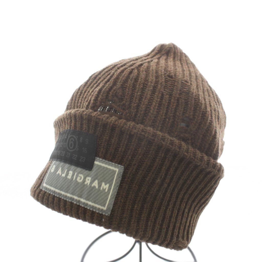 【中古】エムエムシックス メゾンマルジェラ MM6 Maison Margiela 25AW ニット帽 ニットキャップ ビーニー 帽子 ロゴ ダメージ加工 S 茶 ブラウン SH0TB0001 /AN4 レディース 【ベクトル 古着】 260305