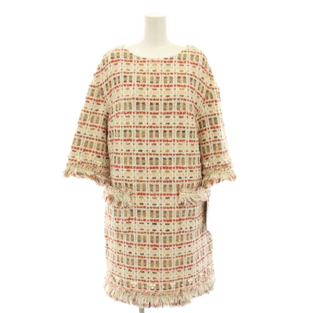 【中古】未当て嵌める品 ルネ Rene 聖処女マリア ケント MALHIA KENT ツィード衣装 ひざ丈 長袖 照合のしるし柄 パール ビジュー 引き船付き添い人 34 象牙色 赤 赤いこと 6246580 /YT レディース 【ベクター 古着】 260303