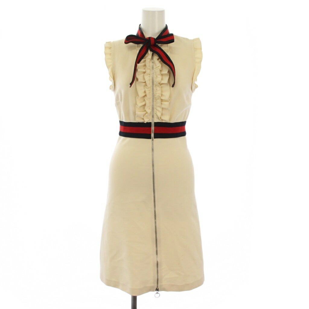 【中古】グッチ GUCCI シェリー酒生産ライン ウェブトリム プルオーバー 衣装 ひざ丈 ノースリーブ ジップアップ フラウンス XXS ベージュ 434249 /BM レディース 【ベクター 古着】 260311