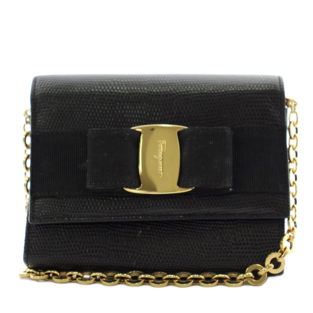 【中古】サルヴァトーレフェラガモ Salvatore Ferragamo ヴァラリボン ショルダーバッグ チェーン レザー 黒 ブラック /AN17 ■OH レディース 【ベクトル 古着】 260312