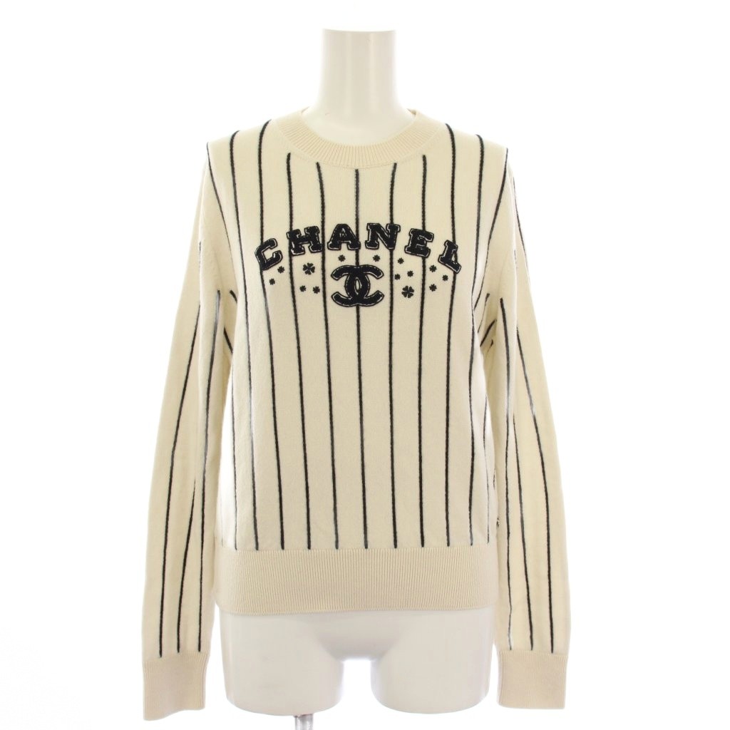 【中古】シャネル CHANEL 23SS ロゴタイプ編み物 スウェーター 長袖 ココマーク 縞模様 カシミール 34 白 P74734K10713 /KH レディース 【ベクター 古着】 260317