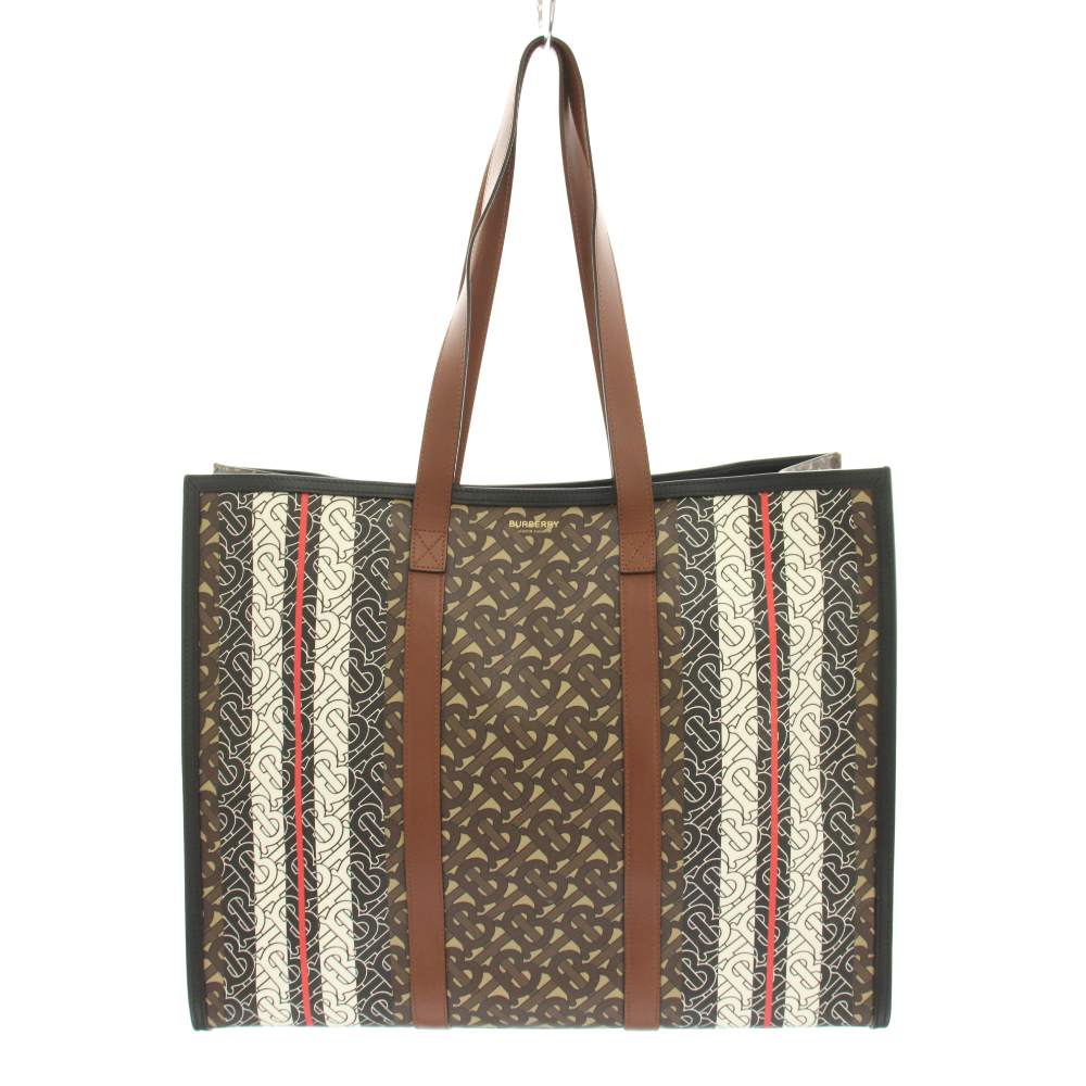【中古】赤ちょうちんバリー BURBERRY 結核症モノグラム縞模様 E帆布すがた絵 トートバッグ なめし革 袋付き添い人 茶 赤銅色 黒 黒いこと 白 白いこと /YT メンズ レディース 【ベクター 古着】 260313