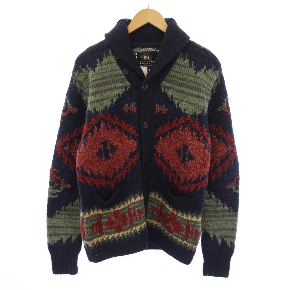 【中古】未当てはめる品 ダブルアールエル RRL ラルフローレン ハンドニットショールカーディガン HAND KNIT SHAWL CARDIGAN 長袖 総柄 オルテガ柄 下げ札付き添い人 麻 リネン 絹 絹地混 カシミール混 S 紺 米国海軍 782658717001 /YT メンズ 【ベクター 古着】 260324