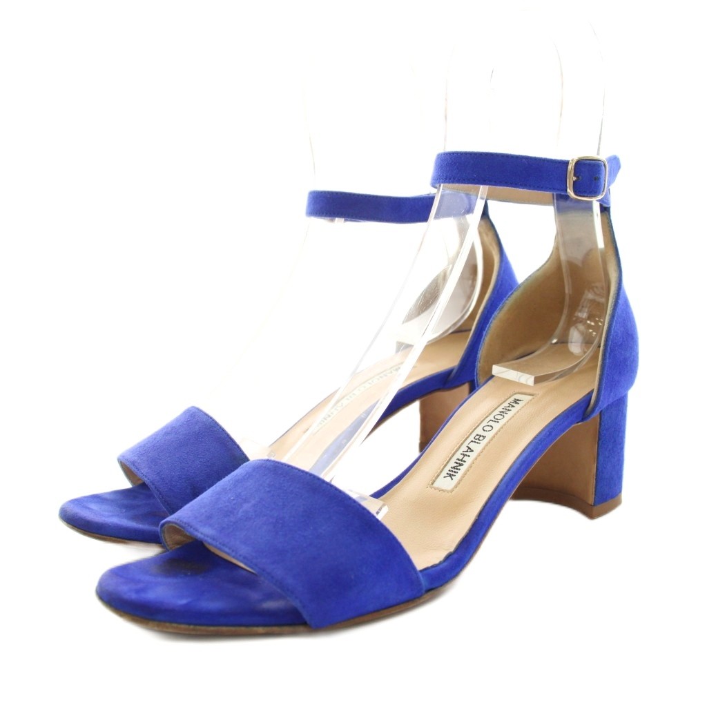 【中古】マノロブラニク MANOLO BLAHNIK サンダル オープントゥ チャンキーヒール アンクルストラップ スエード 37 青 ブルー /YT ●D レディース 【ベクトル 古着】 260317
