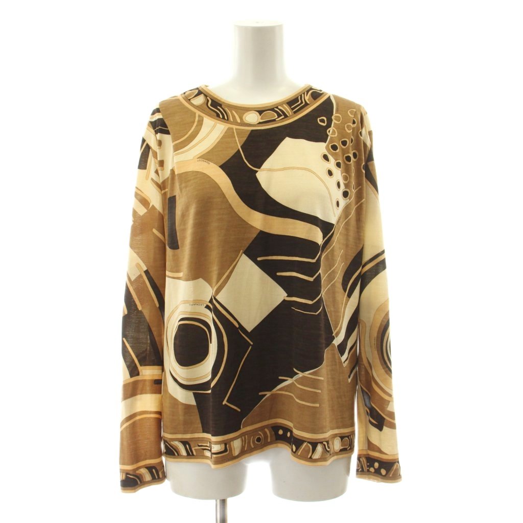【中古】レオナール LEONARD FASHION カットソー 長袖 総柄 ウール シルク混 L 茶 ブラウン ベージュ 0369144 /KU レディース 【ベクトル 古着】 260327