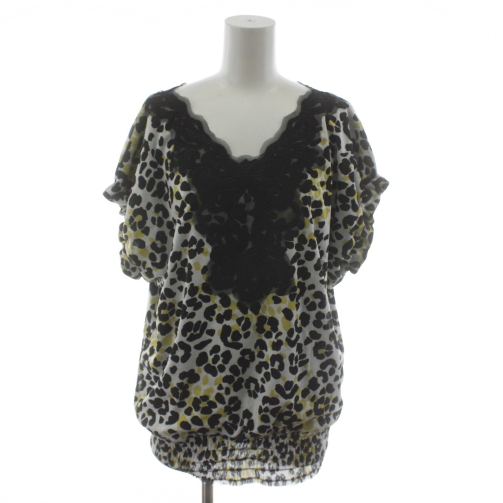 【中古】ヴィヴィアンタム VIVIENNE TAM シャツ ブラウス 半袖 0 白 ホワイト 黒 ブラック 黄色 イエロー 総柄 レース Vネック 016-110129 /RR レディース 【ベクトル 古着】 260330