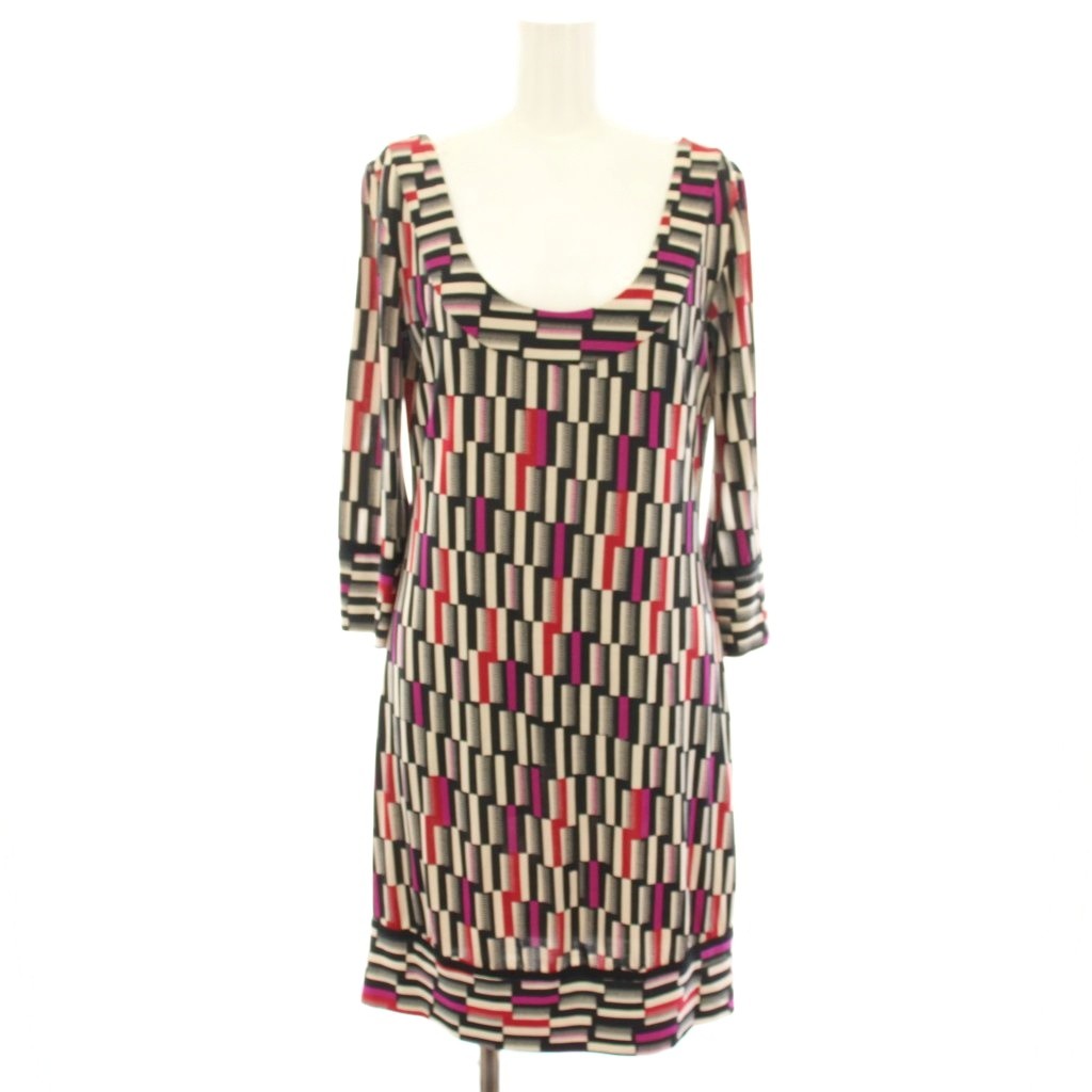 【中古】ダイアンフォンファステンバーグ DIANE von FURSTENBERG ワンピース ミニ 総柄 絹 シルク 七分袖 2 ベージュ 黒 ブラック ピンク 404-242766 /HN レディース 【ベクトル 古着】 260408