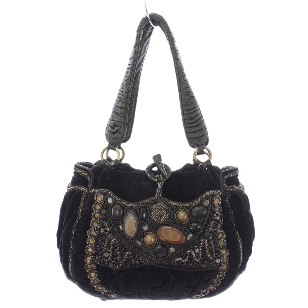 【中古】ジャマンピュエッシュ JAMIN PUECH ハンドバッグ ベロア レザー ビジュー ビーズ ブラック /TK レディース 【ベクトル 古着】 260406